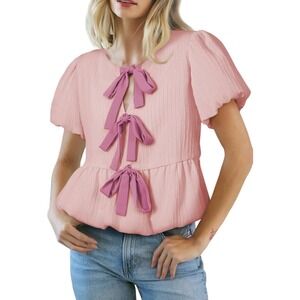 Pink Bow Tie Front Peplum Blouse Size Medium Puff Sleeve Textured Top